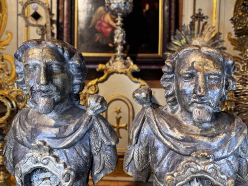 Antiquités - Paire de bustes reliquaires des Saints Jean Baptiste et François, Italie début XVIIIe siècle