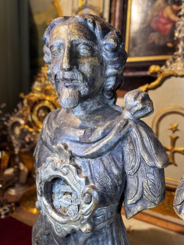 Antiquités - Paire de bustes reliquaires des Saints Jean Baptiste et François, Italie début XVIIIe siècle