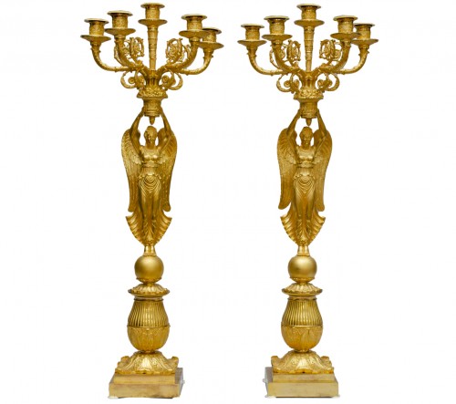 Fine pair of candelabras with winged victories after Pierre Philippe Thomir