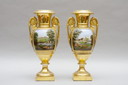 Céramiques, Porcelaines  - Grande paire de vases ovoïdes, paysages et fond bleu roi, Schoelcher à Paris