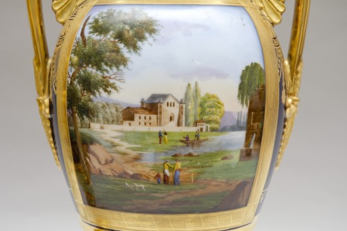 Pair of large blue egg-shaped vases with landscapes, attrib. to Schoelcher  - 
