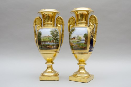 Antiquités - Grande paire de vases ovoïdes, paysages et fond bleu roi, Schoelcher à Paris