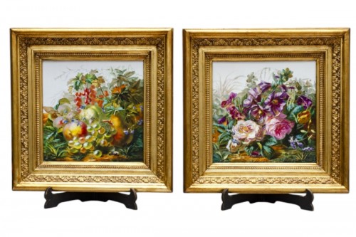Pair of Still-lifes of fruit and flowers by Mariotte Ernest dated 1866