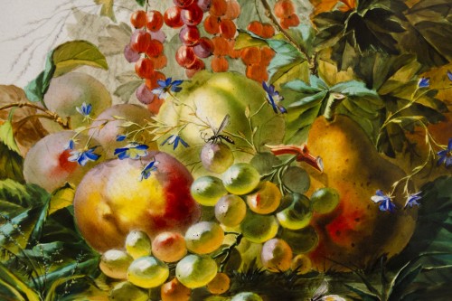 19th century - Pair of Still-lifes of fruit and flowers by Mariotte Ernest dated 1866