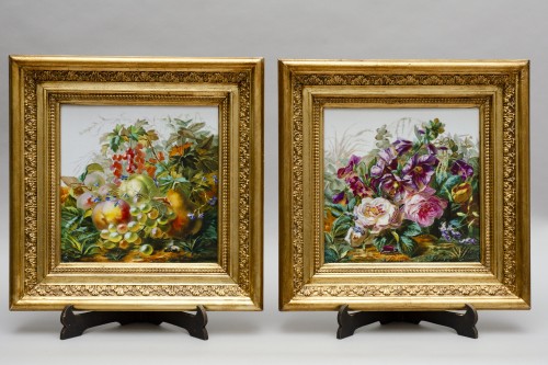 Antiquités - Pair of Still-lifes of fruit and flowers by Mariotte Ernest dated 1866