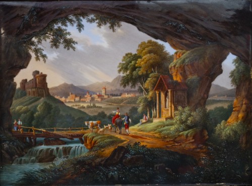 “Animated landscape”, painted porcelain plaque 19th century - Porcelain & Faience Style Louis-Philippe