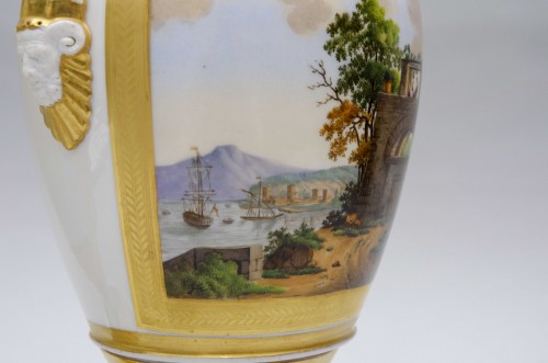 Antiquités - Pair of “Satyre handles” vases with animated landscapes, Brussels porcelain