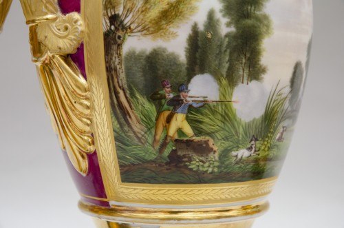 Antiquités - Pair of eggshaped vases &quot;duck hunt&quot;, attributed to Feuillet in Paris