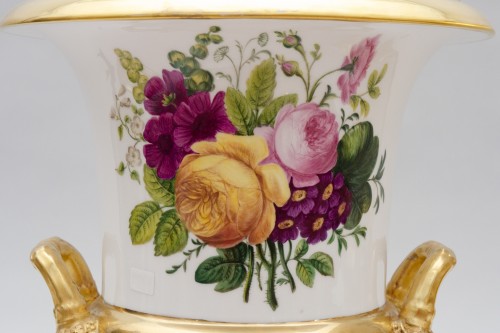 Grande paire de vases Médicis, tableaux de chasse et felurs, signée Schoelcher Paris - Céramiques, Porcelaines Style Restauration - Charles X