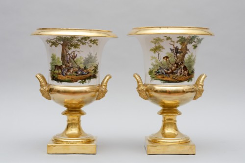 XIXe siècle - Grande paire de vases Médicis, tableaux de chasse et felurs, signée Schoelcher Paris