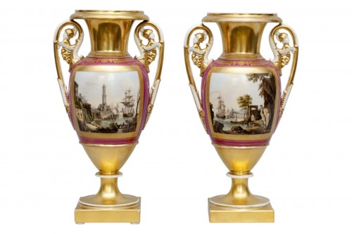 Grande paire de vases "vues de ports italiens"