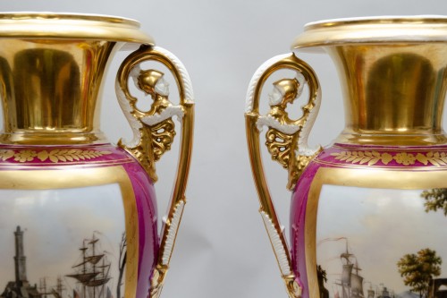 Restauration - Charles X - Large pair of vases "Harbours views"