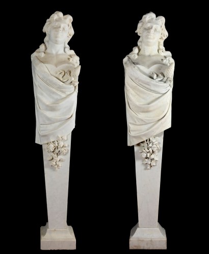 Paire de bustes monumentals "Bacchantes" en marbre, Italie - L'Egide Antiques