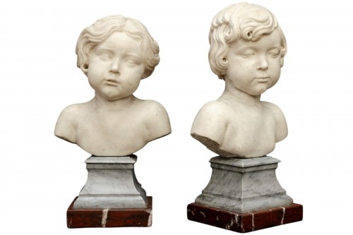 Paire de bustes d’enfants en marbre, entourage d’Alesandro Algardi