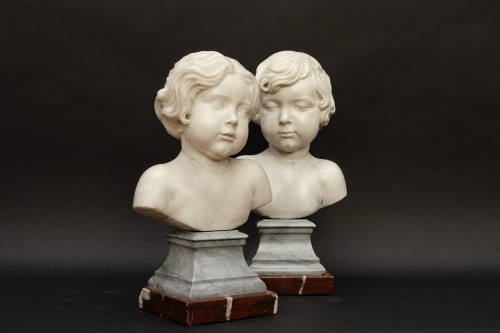 Paire de bustes d’enfants en marbre, entourage d’Alesandro Algardi - Sculpture Style Louis XIV