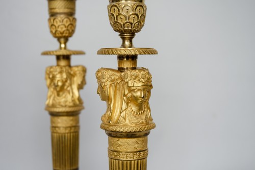 Pair of Ormulu Empire candlesticks, attributed to Claude Galle - Lighting Style Empire