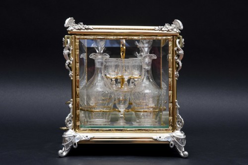 19th century - Liquor cabinet in glass and bronze, crystal glassware
