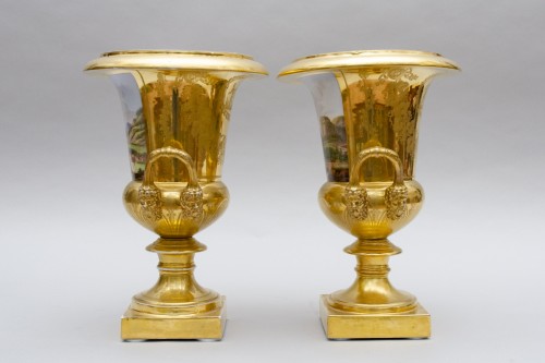 Antiquités - Pair of crater vases with landscapes, Darte Frères in Paris