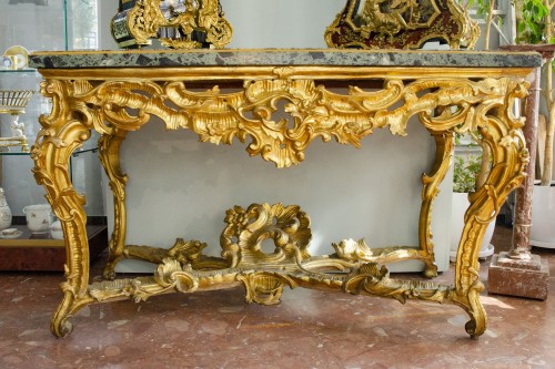 Antiquités - Ppair of carved and giltwood console tables, Rome circa 1775