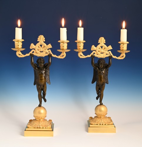 Lighting  - A pair of ormolu and patinated bronze candelabras circa 1820