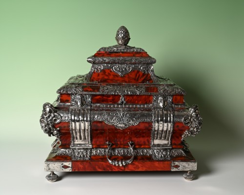 A document chest covered in tortoiseshell and fitted with silver - 