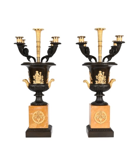 A Pair of French Empire Campana Medici Vases with Original Candelabra circa 1925