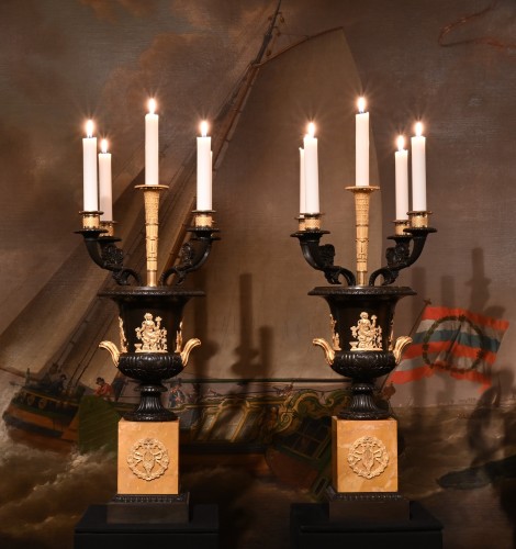 A Pair of French Empire Campana Medici Vases with Original Candelabra circa 1925 - 