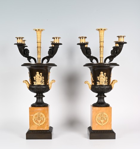 19th century - A Pair of French Empire Campana Medici Vases with Original Candelabra circa 1925