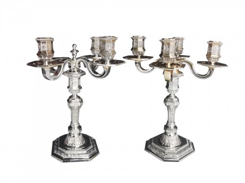 Christofle - Pair of Four lights silver plate Candelabras