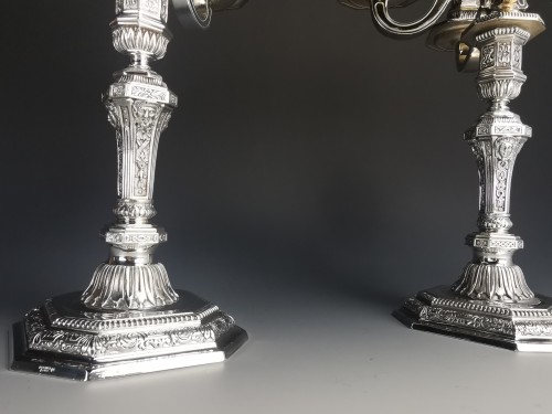 Lighting  - Christofle - Pair of Four lights silver plate Candelabras
