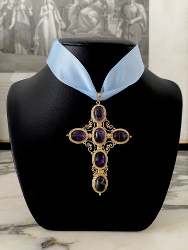 Important 18k yellow gold cross set with 6 amethysts - Religious Antiques Style 50