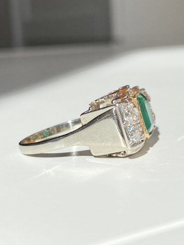 White and yellow gold emerald and diamonds Tank ring - 