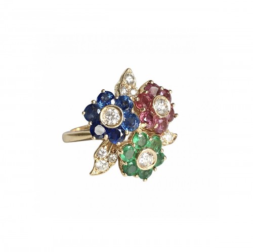 Bague fleurs en or saphirs et rubis et émeraudes et diamants