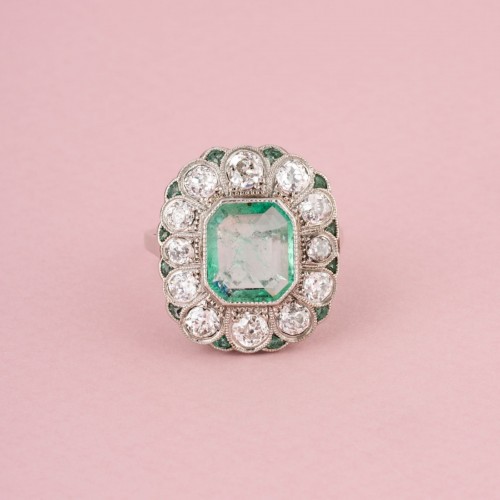 Art Deco ring,white gold, platinum set with a colombian emerald - Antique Jewellery Style Art Déco