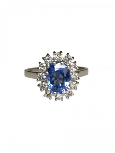 Bague pompadour en or blanc et platine saphir de Ceylan