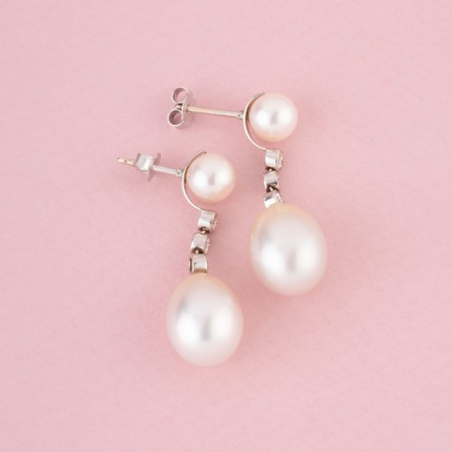 XXe siècle - LEYSEN Frères - Paire de boucles d’oreilles à transformation en or blanc 18K perles et