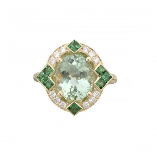 Bague en or jaune tourmaline verte, diamants et Tsavorites