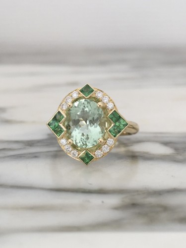 Bague en or jaune tourmaline verte, diamants et Tsavorites - Bijouterie, Joaillerie Style 