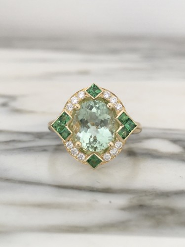 Bijouterie, Joaillerie Bagues - Bague en or jaune tourmaline verte, diamants et Tsavorites