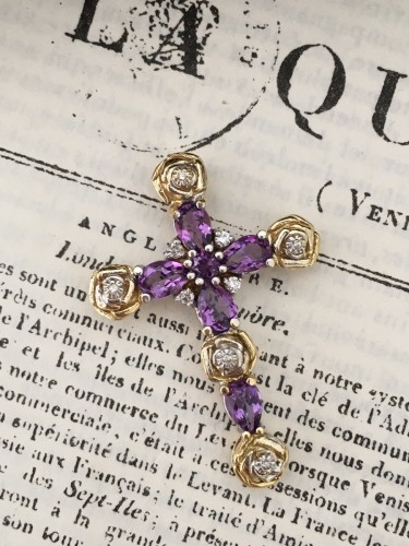 Bijouterie, Joaillerie Pendentif, Collier - Croix en or améthystes et diamants