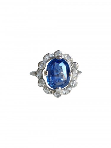 Bague Belle Époque saphir Ceylan non chauffé 3,55 ct et diamants