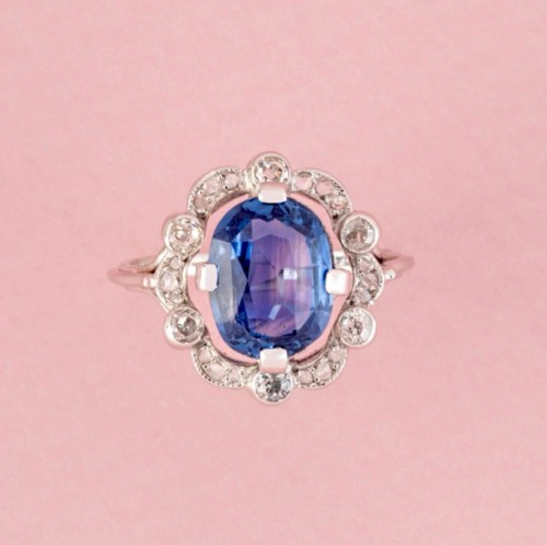 Bague Belle Époque saphir Ceylan non chauffé 3,55 ct et diamants - Bijouterie, Joaillerie Style 