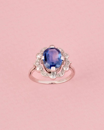 Bijouterie, Joaillerie Bagues - Bague Belle Époque saphir Ceylan non chauffé 3,55 ct et diamants