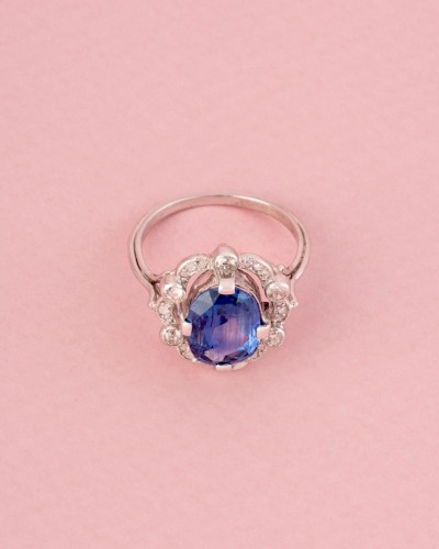 Bague Belle Époque saphir Ceylan non chauffé 3,55 ct et diamants - Maison Tres Or