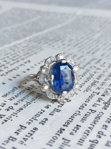  - Bague Belle Époque saphir Ceylan non chauffé 3,55 ct et diamants