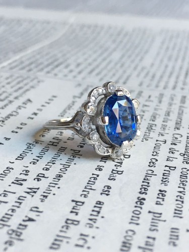 Antiquités - Bague Belle Époque saphir Ceylan non chauffé 3,55 ct et diamants