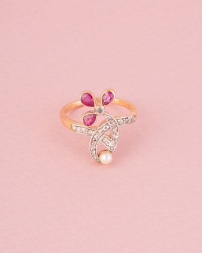 Bijouterie, Joaillerie Bagues - Bague Art Nouveau en or rose rubis et diamants
