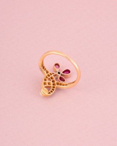 Art nouveau - Bague Art Nouveau en or rose rubis et diamants