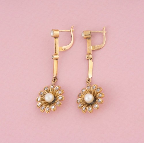 Bijouterie, Joaillerie Boucles d'oreilles - Boucles d’oreilles anciennes Art nouveau en or jaune, perles et diamants