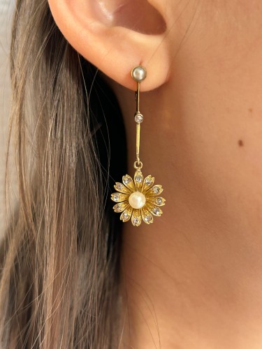 Art nouveau - Boucles d’oreilles anciennes Art nouveau en or jaune, perles et diamants
